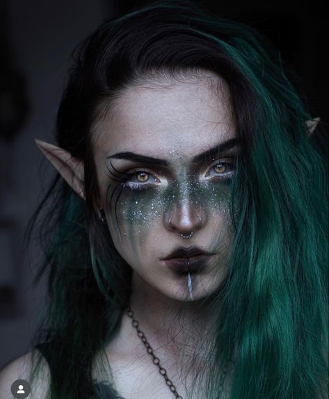 Dark Fae Ren Faire, Dark Elf Cosplay Makeup, Dark Elf Costume Makeup, Dark Ren Faire Makeup, Dark Elf Costume Halloween, Dark Forest Fairy Makeup, Dark Elf Halloween Costume, Dark Fae Cosplay, Evil Elf Makeup