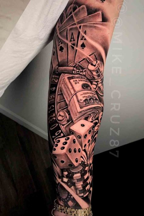 Casino Tattoo, Arm Sleeve Tattoos For Women, Vegas Tattoo, Vikings Tattoo, Half Sleeve Tattoos Drawings, Card Tattoo Designs, Gangsta Tattoos, Money Tattoo, Men Tattoos Arm Sleeve