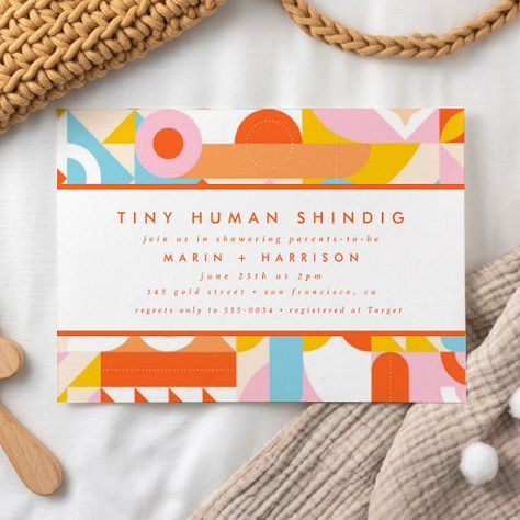 Funky Modern Orange Tiny Human Shindig Baby Shower Invitation #zazzle #weddinginvitations #birthdayinvitations #babyshowerinvitations #zazzleinvitations #monogram #businesscards #graduation #homedecor Tiny Human Shindig, Gender Neutral Invitations, Couples Baby Shower Invitations, Modern Baby Shower Invitations, Gender Neutral Baby Shower Invitations, Couples Baby Showers, Board Designs, Modern Baby Shower, Unique Baby Shower