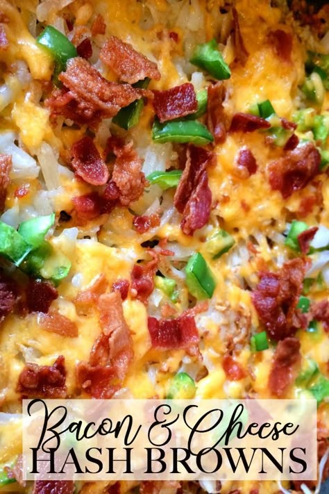 Bacon and Cheese Hash Browns are the favorite breakfast potatoes at our house. Made with bacon, cheese, onions and spices, it is the perfect breakfast or brunch recipe.     #hashbrowns #bacon #cheese #brunch #sidedish #easyrecipe Cheese Hashbrowns, Bacon Casserole, Breakfast Sausage Recipes, Hashbrown Breakfast Casserole, Bacon And Cheese, Hashbrown Recipes, Bacon Breakfast, Breakfast Potatoes, Fried Eggs