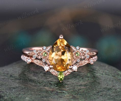 Vintage Pear Yellow Citrine Engagement Ring Rose Gold Twig Leaf Floral Antique Unique Cluster Peridot Diamond Bridal Wedding Ring Set Women - Etsy Amber Engagement Rings, Citrine Engagement Rings, Amber Engagement Ring, Citrine Wedding Ring, Citrine Rings, Citrine Engagement Ring, Gold Twigs, Wedding Orange, Citrine Ring Engagement