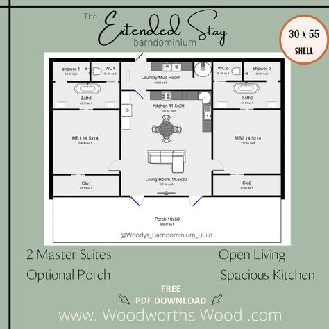 Extended Stay Barndominium *PDF DOWNLOAD* Barndominium With Two Master Suites, 2 Master Suite Barndominium, 2 Bedroom Barndominium Floor Plans, Mini Barndominium, Small Barndominium Floor Plans, Texas Barndominium, Ideas Sketch, Small Barndominium, Barndominium Plans