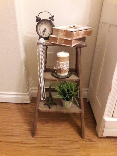 Vintage Step Ladder Ideas, Small Wooden Ladder Decor, Step Stool Decorating Ideas, Short Ladder Decor Ideas, Small Wood Ladder Decor, Vintage Ladder Shelf, Small Step Ladder Decor Ideas, Old Step Ladder Ideas, Small Ladder Shelves