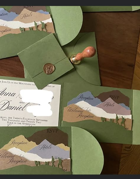 Wedding Invitations Mountains, Wedding Invites Ideas, Middle Earth Wedding, Wedding Invitations Examples, Outdoor Wedding Invitations, Mountain Wedding Invitation, Mountain Wedding Ideas, Sage Green Wedding Colors, Wedding London