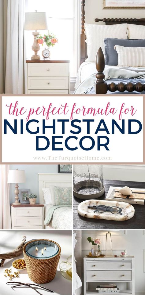 Turn your bedroom into your sanctuary! With some simple nightstand decorating tips, you can take your cluttered nightstand decor (and bedroom) and transform it into a respite from the rest of the world. What To Put On Nightstand Master Bedrooms, Decorating Ideas For Night Stand, Cottage Nightstand Decor, Staging Bedside Table Night Stands, Nightstand Masterbedroom Decor, Farmhouse Bedside Table Decor, What To Put On Bedside Tables, Styling Nightstand Ideas, Luxury Bedroom Master Nightstands Decor