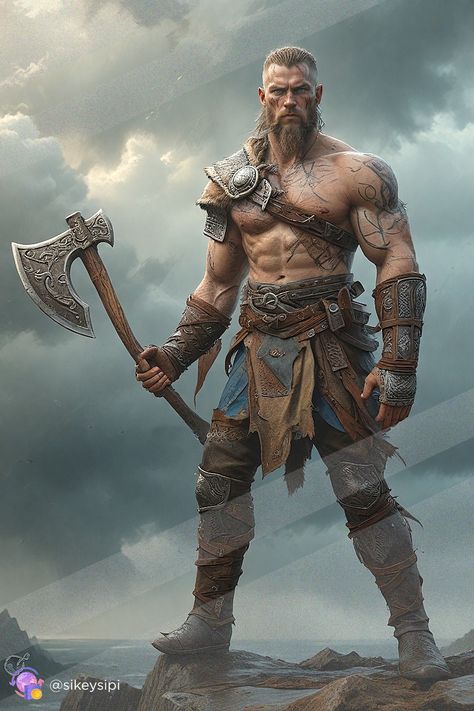 #VikingBerserker #BattleAxe 💥https://buysnap.tech/sikeysipi 💥Feel the raw power of a Viking berserker wielding his battle axe, ready for combat. A perfect representation of strength and ferocity. #VikingBerserker #BattleAxe #RawPower #NorseWarrior #Ferocity Viking Warrior Men, Battle Stance, Warrior Men, Viking Berserker, Curly Beard, Viking Battle, Viking Character, Viking Warriors, Warrior Concept Art