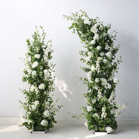 White And Greenery Arch Flowers, Wedding Arch Fake Flowers, Split Floral Arch Wedding, Half Arch Flowers, Simple Flower Arch Wedding, Wedding Flower Arch Indoor, Wedding Archway Flowers, Wedding Flower Tower, Split Arch Wedding