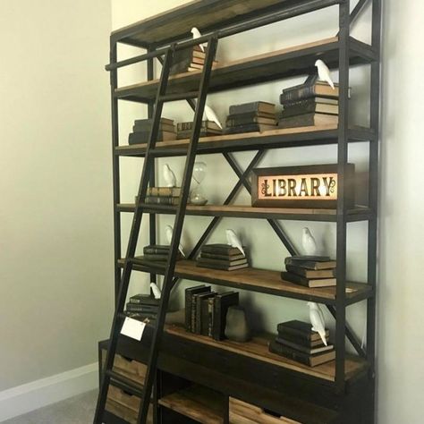 Primitive Collections Loft Library Bookcase With Ladder | Hayneedle Loft Library, Shelves For Display, Modern Japanese Style, Styling Shelves, Library Bookcase, Loft Ladder, Linen Storage, Salvaged Wood, Ladder Bookcase