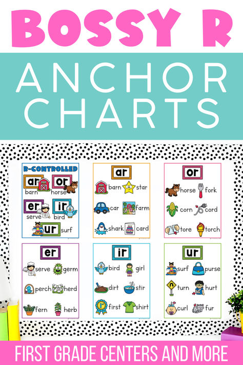 Help your students master r-controlled vowels with these bossy r posters and anchor charts. This set includes color posters, black and white pages, and pieces to create large anchor charts. Includes: 7 color posters (8 1/2" x 11") 7 black and white pages Color pieces for creating your own anchor charts. Choose between "Bossy R" or "R-Controlled Vowels" wording R Controlled Vowels Anchor Chart, Bossy R Anchor Chart, Vowels Anchor Chart, Vowel Anchor Chart, Er Ir Ur, Posters Black And White, Black And White Coloring Pages, Bossy R, Color Posters