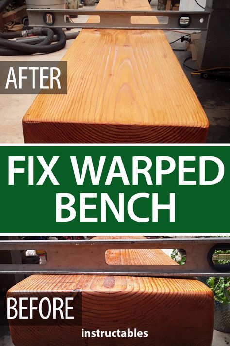 runciblefish built a bench jig to fix this warped bench board. #Instructables #workshop #woodworking #tool #repair Printable Woodworking Plans, Router Sled, Workshop Tools, Cinder Blocks, Rustic Bench, Pocket Hole Screws, Built In Bench, Douglas Fir, Fix It