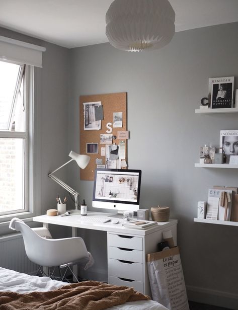 A cosy, grey home office for a freelance creative - my makeover reveal Bedrooms Green, Decorating Pottery, Minimalist Home Office, Ikea Desk, Desks For Small Spaces, Minimalist Desk, Study Room Decor, Rental Decorating, Small Home Office