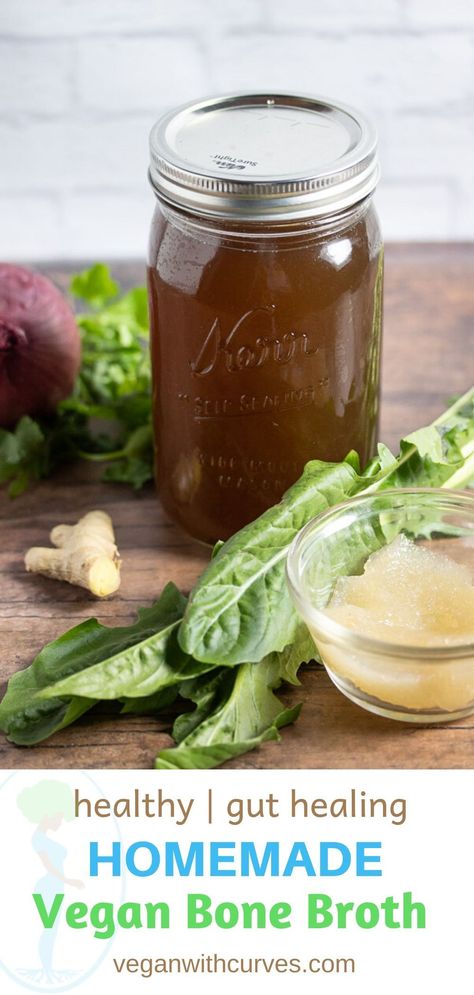 This homemade vegan bone broth is healthy and healing. You get plant-based collagen from the sea moss gel so no need to use the bones of animals! The sea moss gel also adds minerals to your broth and helps with digesting restoring your stomach acid. It's easy to make, simply throw all your ingredients in a slow cooker and cook until done. This vegan broth contains all Dr. Sebi approved ingredients so it's suitable for an alkaline vegan diet! You can drink as is or add it to your soup recipes! Drinkable Bone Broth Recipe, Vegan Bone Broth Alternative, Vegan Bone Broth Recipe, Liquid Fasting, Vegan Bone Broth, Quick Bone Broth, Gut Healing Bone Broth Recipe, Bone Broth Gelatin, Vegan Weight Gain