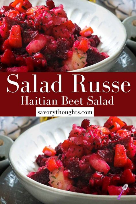 Salad Russe is the Haitian version of Russian Salad. This colorful side dish has the perfect blend of natural sweet and crunchy textures, with freshly chopped vegetables bound together typically with a rich and smooth dressing (mayonnaise) mixture. @Msavorythoughts #savorythoughts #saladrusse #haitianbeetsalad Salad Russe Recipe, Haitian Beet Salad, Haitian Salad, Salad Russe, Roasting Beets In Oven, Beet Salad Recipe, Haitian Recipes, Russian Salad, Vegan Thanksgiving Dinner