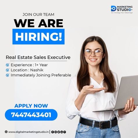 We Are Hiring!!! 📣 ✔️ For Real Estate Sales Executive ✔️ Experience - 1+ Year ✔️ Location- Nashik ✔️ Immediately Joining Preferable Send your resume to 👉 hr@digitalmarketingstudio.in or digitalmarketingstudiogenix@gmail.com Contact📲 7447443401 . . . . . #hiring #wearehiring #wearehiringnow #salesexecutive #salesjobs #salesexecutivejobs #DigitalMarkteingStudioGenixLLP #vacancyalert #salesexecutivehiring #digitalmarketingstudio #DMS #DMSGenix #DMSGenixLLP #digitalmarketingagency Sales Executive Hiring Poster, Graphic Designer Hiring Post, We Are Hiring Graphic Designer, Hiring Post Design, Social Media Executive, Hiring Marketing, Post Linkedin, French Words Quotes, Hiring Poster