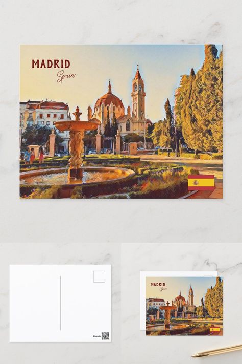 Madrid Spain Travel landscape souvenir Postcard #Ad Madrid Spain Travel, Travel Landscape, Travel Postcard, Postcard Design, Travel Memories, Madrid Spain, Spain Travel, Madrid, Spain