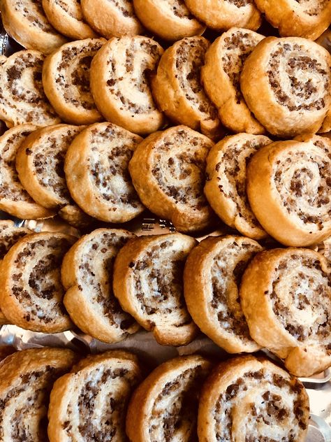 Breakfast Pinwheels Sausage, Cheesy Sausage Breakfast Pinwheels, Cream Cheese Sausage Pinwheels, Sausage Cream Cheese Rolls, Sausage And Cheese Puff Pastry, Rotel Sausage Cream Cheese Pinwheels, Sausage Pinwheel Recipes, Sausage Crescent Rolls Appetizers, Crescent Roll Sausage Pinwheels