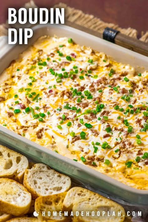 Boudin Dip Recipe, Boudin Dip, Cajun Appetizers, Boudin Recipe, Boudain Recipes, Homemade Hooplah, Million Dollar Dip, Boudin Sausage, Creamy Spinach Dip