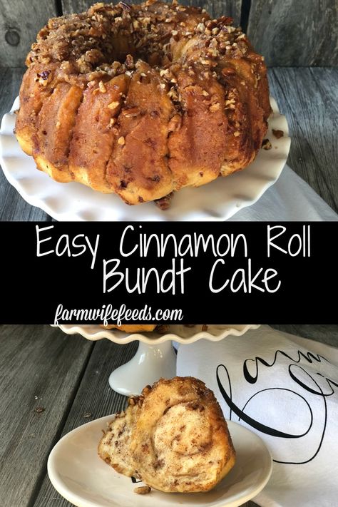 Easy Caramel Cinnamon Roll Bundt Cake from Farmwife Feeds makes a pop can of cinnamon rolls into a delicious easy bundt cake with a caramel glaze and pecans. #cinnamonrolls #bundtcake #easybreakfast Bundt Cake Cinnamon Roll, Cinnamon Rolls In Bundt Pan, Cinnamon Roll Bundt Cake Easy, Cinnamon Roll Bundt Cake, Cinnamon Bunt Cake, Pillsbury Cinnamon Rolls, Easy Bundt Cake, Pecan Rolls, Cinnamon Roll Cake