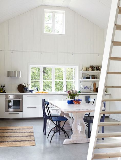 Tiny Beach House Interior, Swedish Summer House, White Wood Paneling, Scandinavian Cottage, Swedish Summer, Swedish Cottage, Scandinavian Summer, Pretty Cottage, Cottage In The Woods