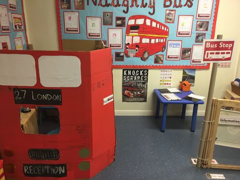 Naughty bus - bus station role play area Bus Station Dramatic Play, Nursery Rhyme Role Play Area, Cardboard Bus, Bus Information, Bus Crafts, Roll Play, Reception Classroom, Play Corner, Role Play Areas