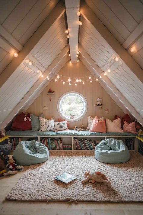 Attic Loft Inspiration for Low Ceiling Spaces Slanted Ceiling Nook Ideas, Low Ceiling Storage Ideas, Attic Skylight Ideas, Ideas For Attic Space, Attic Bedrooms Low Ceiling, Attic Slanted Ceiling Ideas, Attic Girls Bedroom Ideas, Room Over Garage Ideas Bedrooms, Teen Attic Bedroom