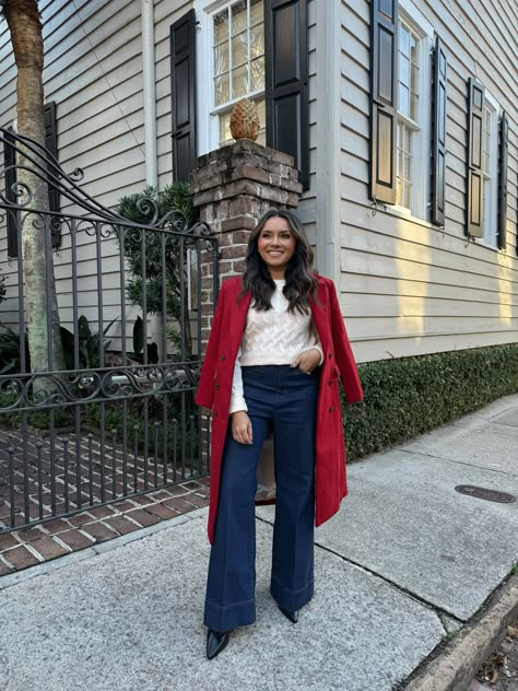 Red Trench Coat / red coat / winter outfit / christmas outfit / holiday style / denim / jeans / petite outfit Red Coat Christmas Outfit, Long Red Blazer Outfit, Petite Christmas Outfit, Red Pea Coat Outfit, Red Coat Outfit Casual, Blue Wool Coat Outfit, Pea Coat Outfit, Red Coat Winter, Red Trench Coat Outfit