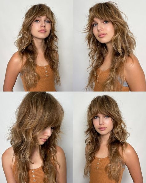 22 Trendy Spring Haircuts and Hairstyles for 2024 - Wonder Forest Long Shag No Bangs Haircut, 70s Medium Length Hairstyles, Long Shag Haircut Curtain Bangs, Bangs Shag, Wolf Haircuts, Choppy Layered Haircuts For Long Hair, Shaggy Layers Long Hair, Round Face Long Haircuts, 70s Shag Haircut Medium