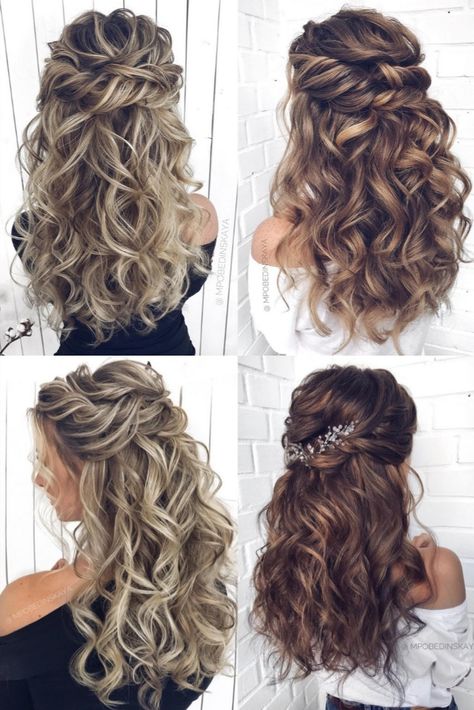 Long half up half down wedding hairstyles and wedding updos from mpobedinskaya Half Up Wedding Hairstyles With Hair Piece, Half Up Do Front View, Long Bridal Hair With Veil Loose Waves, Wedding Half Up Hair With Veil, Curl Bridal Hairstyles, Bridal Hair Down And Curled, Hollywood Curls Half Up, Curly Bridesmaid Hairstyles Half Up, Long Hairstyle For Wedding