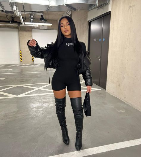 Playsuit Outfit, Givenchy Boots, Leather Puffer Jacket, Leather Puffer, Jumpsuit Long, Stylish Jumpsuit, Concert Fit, Black Playsuit, Baddie Fits