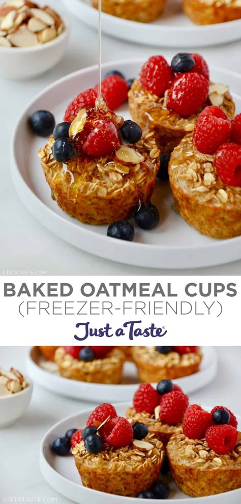 Grab your muffin tin for this baked oatmeal recipe starring your choice of mix-ins. This is a freezer-friendly recipe that’s ideal for meal prep! | Baked Oatmeal Cups #bakedoatmeal #bakedoatmealcups #mealprep #mealprepideas #muffintinrecipes #justatasterecipes Freezer Muffins, Baked Oatmeal Muffins, Baked Oatmeal Recipe, Baked Oatmeal Cups, Baked Oatmeal Recipes, Just A Taste, Oatmeal Cups, Muffin Tin Recipes, Freezer Breakfast