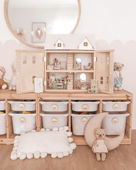 Ange ✨ on Instagram: "India’s dollhouse ✨ I wanted to share it on this account too ~ she got her dollhouse for her birthday in December, it’s definitely not finished yet but I love how it’s coming along and  I just love, I mean India just loves 🙊 playing with it 😍 and Theo absolutely loves throwing it all over the floor 😂   When I shared this on my other account, I had a lot of messages about the wallpaper, the bathroom is a little wallpaper sample but the floral is actually Maileg gift wrap, a bit pricey for gift wrap but it’s such beautiful quality and the roll is massive so you’ll have heaps left over 🙌🏻  #dollhouse #dollhousedecor #dollhouseinterior #dollhousesofinstagram #dollhouseinspo #mailegworld #mailegmice #maileghouse #maileglove #playroom #kidsplayroom #playroominteriors # Dollhouse Playroom, Birthday In December, Maileg Dollhouse, Maileg Furniture, Kids' Playroom, Dolls House Interiors, Hearth And Hand, Dollhouse Decor, The Wallpaper