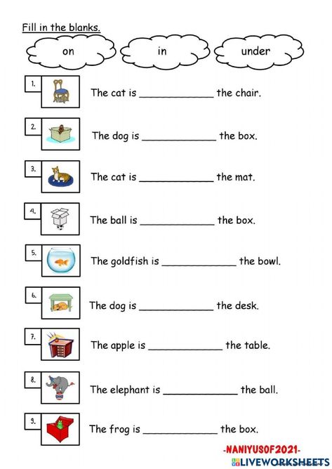 In On Under Worksheet, Preposition Worksheets Kindergarten, Preposition Activities, Basic English Grammar Book, Preposition Worksheets, Preschool Activities Printable, English Prepositions, Teach English To Kids, Printable Alphabet Worksheets