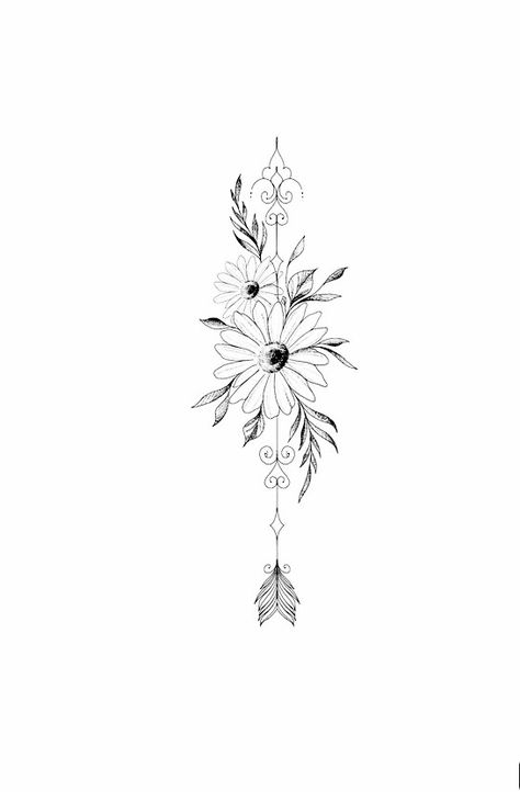 Arrow Back Tattoo Women, Simplistic Back Tattoos, Arrow Tattoo With Flowers, Nature Line Tattoo, Family Vine Tattoo, Flowers And Arrows Tattoo, Boho Spine Tattoos For Women, Arrow And Flower Tattoo, Floral Arrow Tattoo