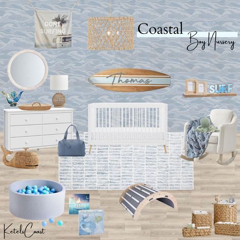 Beach Themed Nursery Boy, Coastal Boy Nursery, Coastal Nursery Boy, Beach Baby Rooms, Surfer Nursery, Nursery Coastal, Beach Theme Nursery, Pottery Barn Nursery, Boy Nursery Design