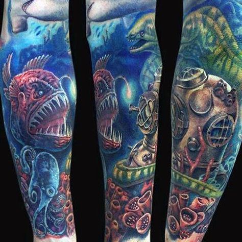 Divers Helmet With Deep Sea Fish Mens Ocean Themed Sleeve Tattoo Link to 40 Ocean Sleeves Deep Sea Tattoo Sleeve, Ocean Themed Sleeve Tattoo Women, Deep Ocean Tattoo, Tattoo Sleeve Ocean Themes, Underwater Tattoos, Ocean Tattoos Sleeve, Men Underwater, Ocean Sleeve Tattoos, Underwater Tattoo