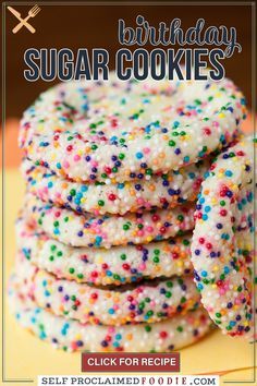 Birthday Sugar Cookies are the softest homemade sugar cookies covered in fun sprinkles that taste like a perfect birthday cake! Making these cookies from scratch is super easy. Unlike typical sugar cookies, these funfetti cookies don't require you to chill and roll the dough which makes them a great anytime treat! Softest Sprinkle Cookies, Cookies Funfetti, Perfect Birthday Cake, Birthday Sugar Cookies, Indulgent Recipes, Cookie Recipes From Scratch, Funfetti Cookies, Weekend Food, Homemade Sugar Cookies