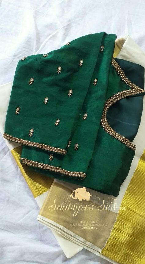 Green Blouse Designs Simple, Bottle Green Blouse Designs, Green Color Blouse Designs, Green Blouse Designs For Saree Bridal, Green Colour Blouse Designs, Green Silk Blouse Designs, Dark Green Blouse Designs, Simple Green Blouse Designs For Saree, Green Blouse Aari Work Designs