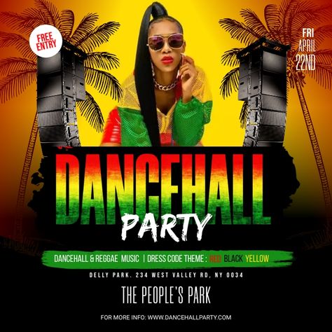 The Dancehall Party Instagram post template can be customized with a vibrant and colorful background, featuring images of dancers in action. Add text with bold, eye-catching fonts to promote the party's theme, date, and location. Incorporate emojis and hashtags to increase engagement and create excitement. Don't forget to include the DJ lineup and ticket information to encourage your followers to attend the party .#DancehallParty #PartyFlyers #PosterTemplates #GetYourGrooveOn #PartyVibes Bashment Dancehall Party, Reggae Poster Design, Dancehall Party Decor, Dancehall Wallpaper, Dancehall Poster, Dancehall Party, Dancehall Music, Party 2023, Float Trip