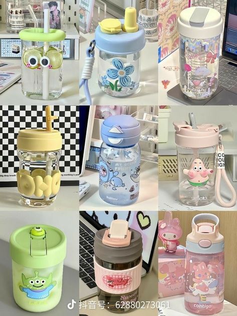 Kawaii Cups, Bottle Cute, Paper Doll Printable Templates, Stationery Obsession, Trendy Water Bottles, Cute School Bags, Aesthetic Objects, Cute School Stationary, Cartoon Flower