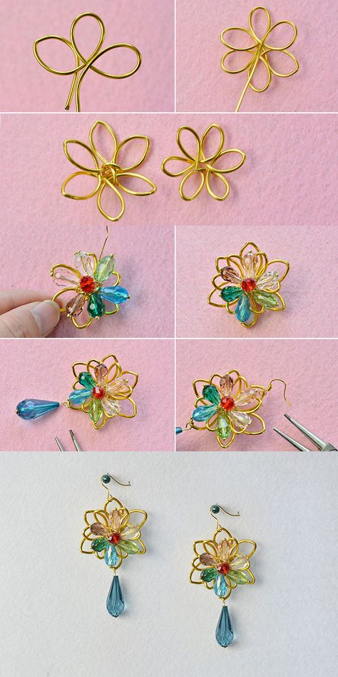 Pendientes de flores Diy Wire Flower Earrings, Flower Wire Jewelry, Wire Wrapped Flower Earrings, Wire Art Earrings, Wire And Bead Flowers, Wire Flowers Diy How To Make, Wire Flowers Diy, Diy Flower Jewelry, Wire Earrings Tutorial