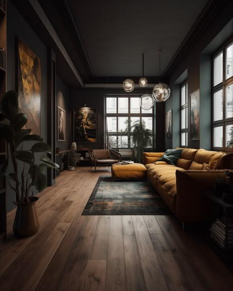 Flooring For Black Walls, High Contrast Living Room Interior Design, Dark Room With Wood Accents, Extra Room Space Ideas, Masculine Feminine Decor, Darker Home Interior, Dark Home Inspiration, Dark Moody Open Floor Plan, Dark House Color Schemes