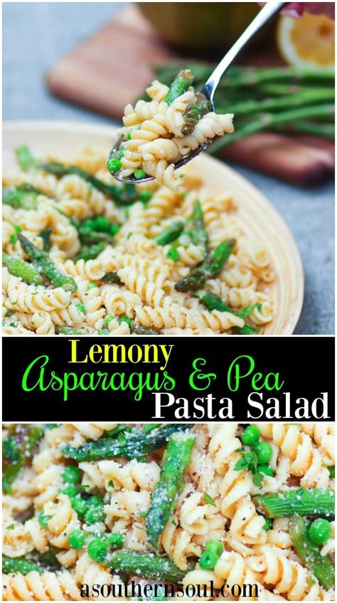 Tender pasta, with fresh, sauteed asparagus and sweet peas tossed in a bright lemony dressing is a salad that has all the fresh flavors of springtime! This simple pasta salad is great for a weeknight meal and is perfect for outdoor parties and dining. It’s a outstanding recipe to double if you’re feeding a crowd and is always a favorite at any festivity. #pastasalad #veggiesalad #lemonpasta #feedingacrowd #foracrowd #easyrecipe #potlucksalad #covereddishsupperrecipe #pastaandcheese Pasta Salad Recipes With Asparagus, Lemon Pea Pasta Salad, Pea Noodle Salad, Asparagus Pea Pasta, Asparagus And Pea Pasta, Pasta With Asparagus And Peas, Vegan Pea Salad, Pasta Salad Asparagus, Pea And Pasta Salad