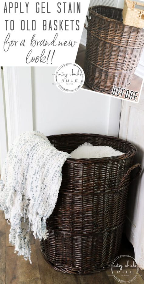 Staining baskets is a great way to give them a brand new look! Made simple with this type of stain! #artsychicksrule.com #gelstain #stainingbaskets Upcycle Baskets, Repurpose Laundry Basket, Staining Baskets, Wicker Laundry Basket Repurpose, Bleaching Wicker Basket Diy, Staining Wicker Baskets, Baskets For Drawers Old Dressers, Thrift Store Diy Projects, Diy Furniture Makeover Ideas