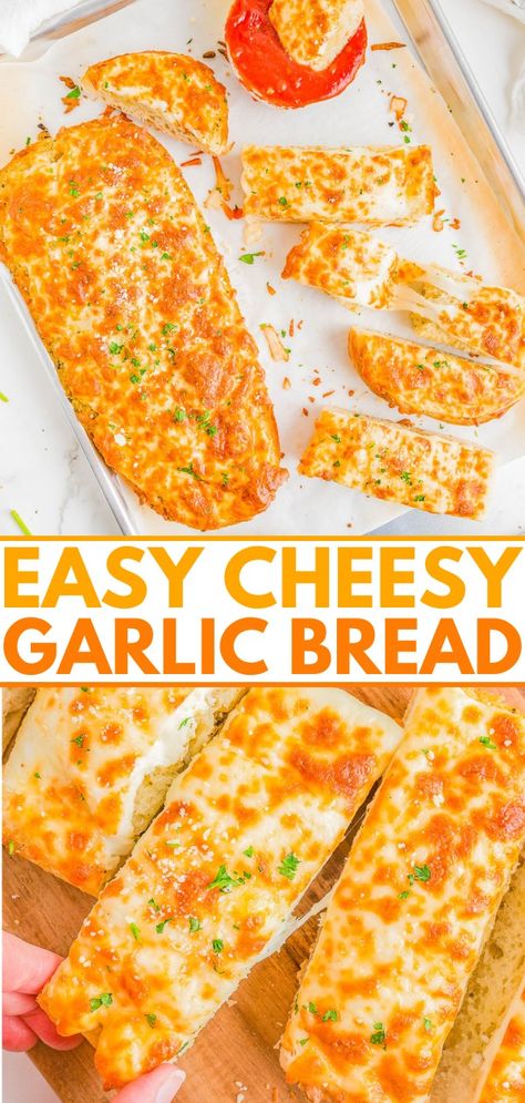 Cheesy Garlic Bread - Averie Cooks Garlic Bread With Cheese, Easy Cheesy Garlic Bread, Bread With Cheese, Cheesy Garlic Bread Recipe, Savory Breads, Averie Cooks, Garlic Cheese Bread, Cheesy Garlic Bread, Frozen Pizza