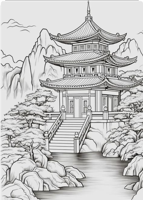 Coloring Pictures For Adults Beautiful Free Printable, Japanese Castle Drawing, Coloring Book Art Beautiful, Coloring Pages For Adults Free Printable, Colouring Pages For Adults Aesthetic, Colouring Pages For Adults Printable Free, Free Printable Coloring Pages For Adults, Japanese Temple Drawing, China Coloring Pages