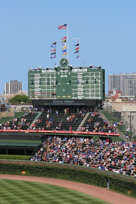 wrigley field Wrigley Field Aesthetic, Tashi Duncan, Baseball Stadium Wallpaper, Wrigley Field Scoreboard, Apartment Prints, Chicago Wrigley Field, Baseball Aesthetic, Wrigley Field Chicago, Sunset Baseball Field