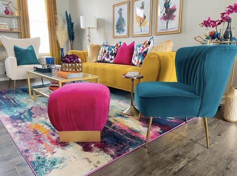 Teal And Hot Pink Living Room, Inspirational Living Room Ideas, Turquoise And Pink Living Room, Turquoise And Fuschia Decor, Teal Moodboard, Bright Pink Sofa, Retro Living Room Ideas, Fusia Pink Sofa, Funky Living Room Ideas