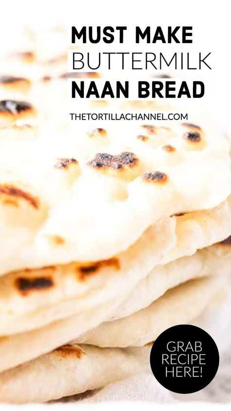 Take a carton of buttermilk and make the best naan bread you ever tried. Naan bread is like an Indian tortilla. These flatbreads are soft and a little bit chewy. Great to serve with curry for dinner, with butter chicken, or turn it into a pizza. Want to try? Visit thetortillachannel.com for the full recipe and instructions Food With Buttermilk, Recipes That Include Buttermilk, Dinner Recipes With Buttermilk, Buttermilk Dinner Recipes, Buttermilk Naan, Recipes With Buttermilk Dinner, Recipes That Use Buttermilk, Butter Milk Recipes, Things To Make With Buttermilk