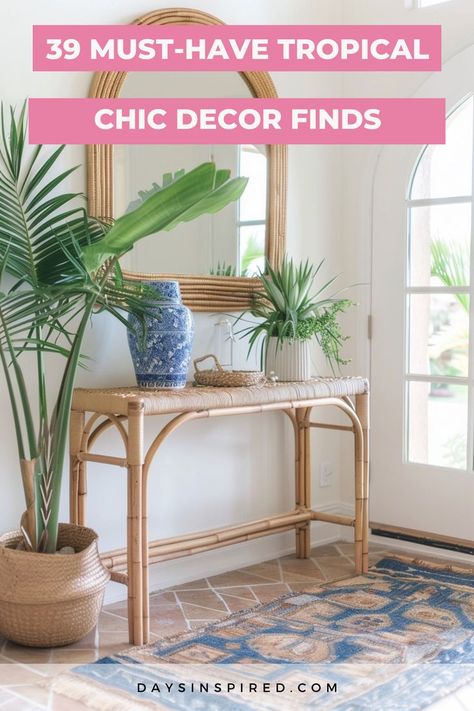 Dreaming of a tropical getaway? This post is your ultimate guide to integrating elements of nature, vibrant colors, and artisanal textures to create a tropical chic home that’s both relaxing and stylish. From exotic rattan furnishings to playful botanical prints, I’ve gathered up my favorite 39 tropical chic decor items to help you achieve an interior that feels like an endless summer. Bright Tropical Living Room, Riddhi Core, Tropical Home Design, Modern Tropical Interior Design, Modern Tropical Interior, Tropical Kitchen Decor, Tropical Decor Living Room, Tropical Chic Decor, Tropical Modernism