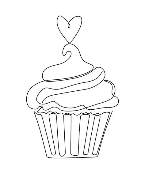 Cupcake Line Art - Minimalist Black. Perfect gift for cupcake lovers and continuous abstract line art lovers. Cupcake Line Drawing, Cupcake Line Art, Cupcake Art Drawing, Cake Line Drawing, Cupcakes Art Drawing, Cake Line Art, Line Art Lovers, Cupcake Outline, Minimalistic Line Art